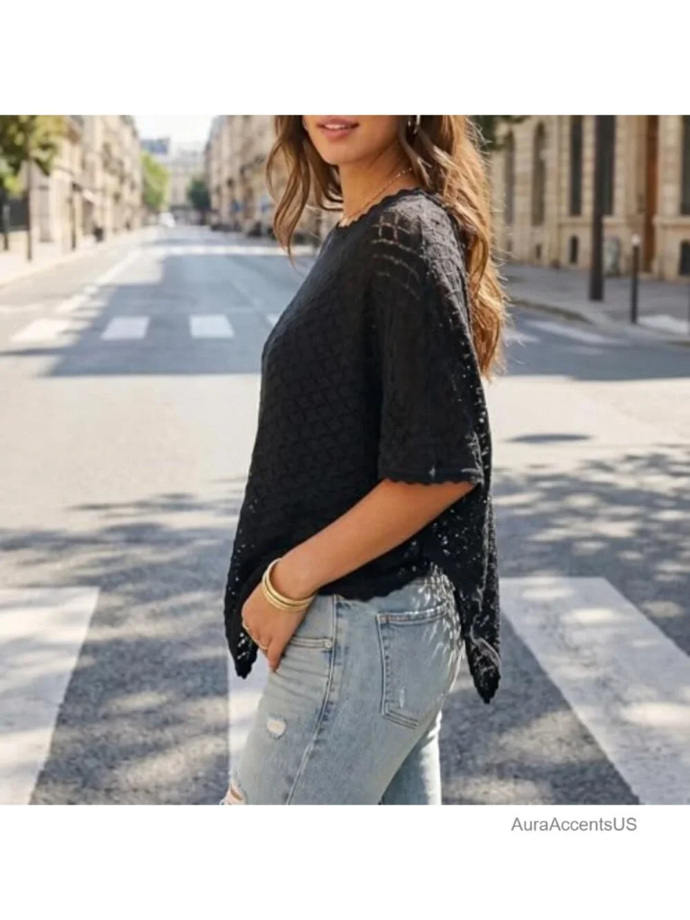 Womens Crochet Batwing Sleeve Poncho Scalloped Trim Off Shoulder Hollow Out